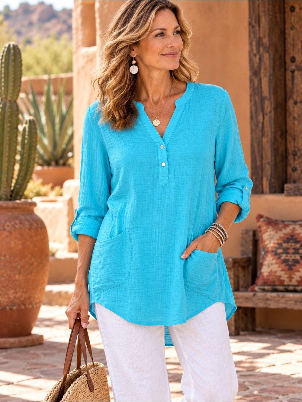 NWOT SOFT SURROUNDINGS Aqua Blue Cotton Gauze Henley Tunic Top Patch Pockets